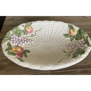Vintage Lattice Majolica Porcelain Fruit Basket Pears Grapes Oval Bowl